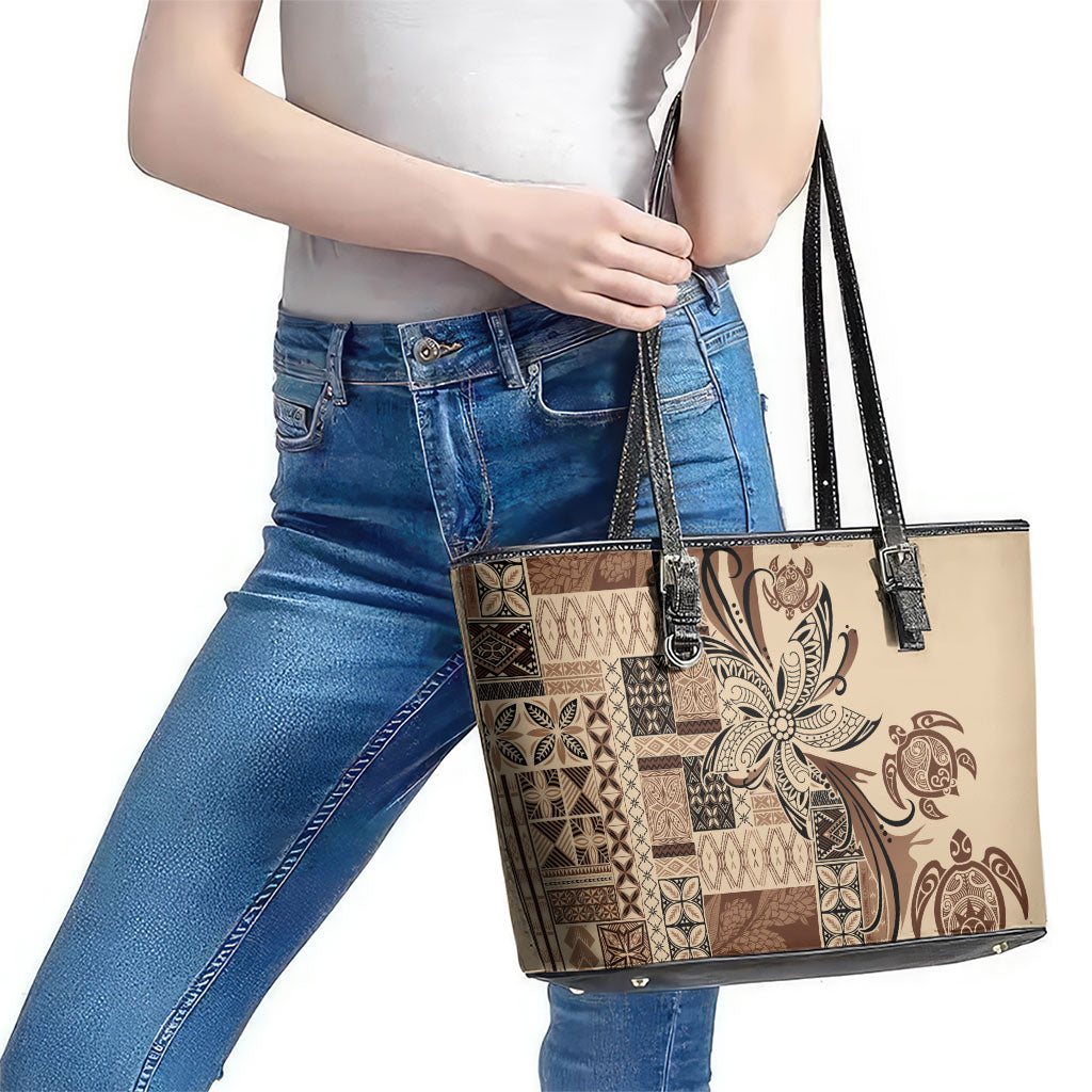 Talofa Samoa Mamanu Siapo Mix Malu Leather Tote Bag Classic Beige Frangipani and Turtles