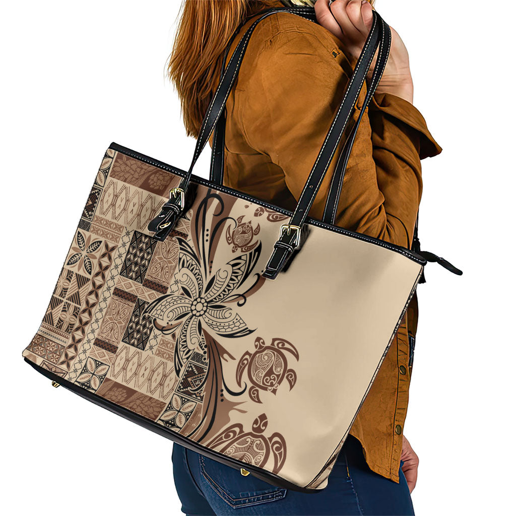 Talofa Samoa Mamanu Siapo Mix Malu Leather Tote Bag Classic Beige Frangipani and Turtles