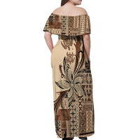 Talofa Samoa Mamanu Siapo Mix Malu Off Shoulder Maxi Dress Classic Beige Frangipani and Turtles
