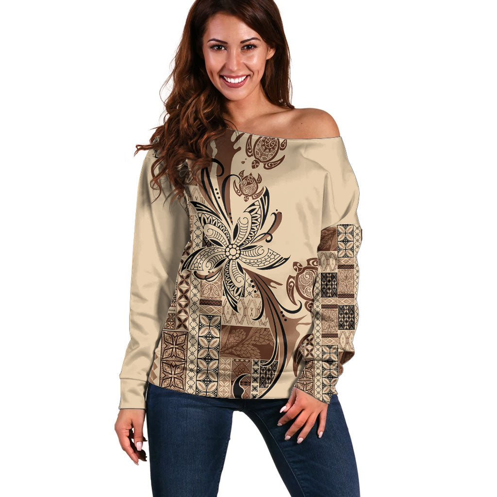 Talofa Samoa Mamanu Siapo Mix Malu Off Shoulder Sweater Classic Beige Frangipani and Turtles