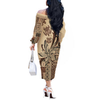 Talofa Samoa Mamanu Siapo Mix Malu Off The Shoulder Long Sleeve Dress Classic Beige Frangipani and Turtles