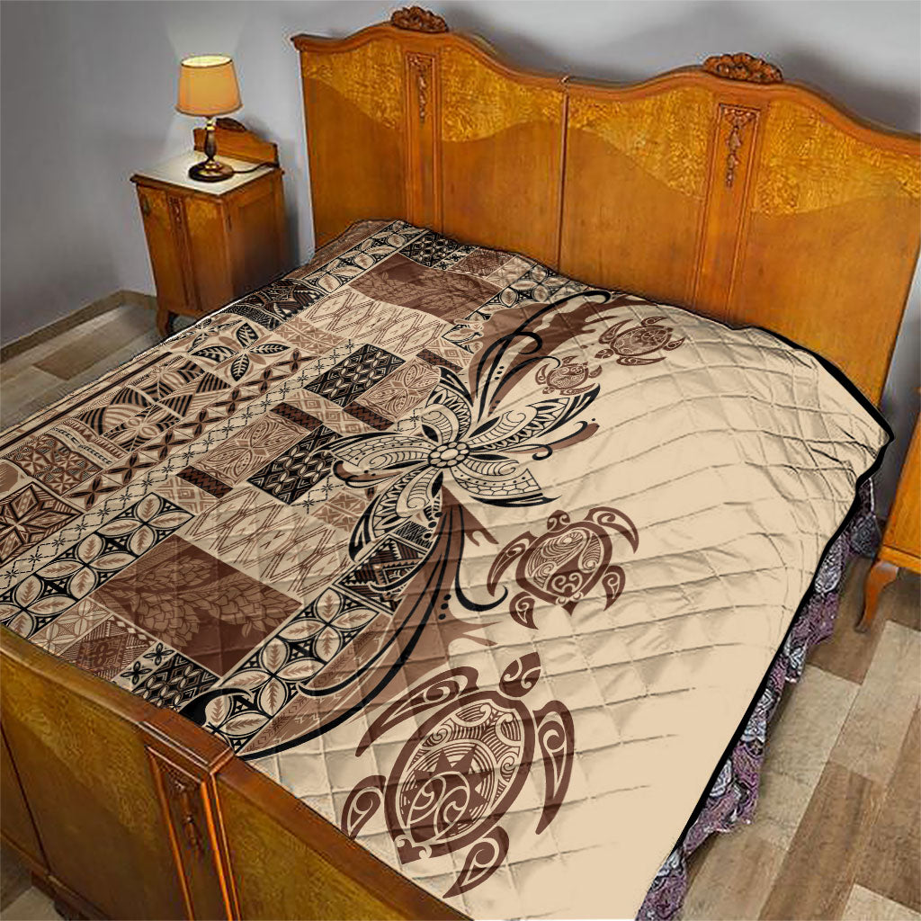 Talofa Samoa Mamanu Siapo Mix Malu Quilt Classic Beige Frangipani and Turtles