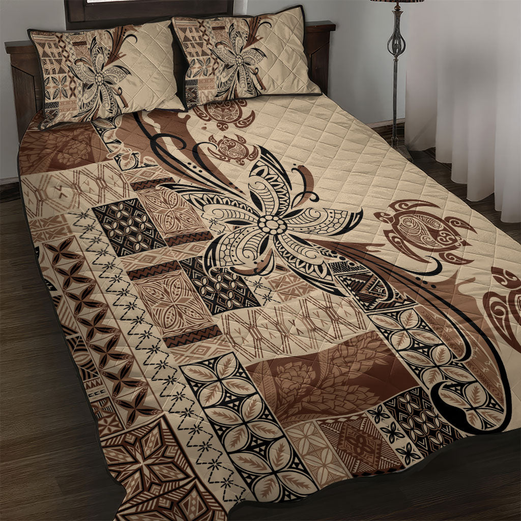 Talofa Samoa Mamanu Siapo Mix Malu Quilt Bed Set Classic Beige Frangipani and Turtles