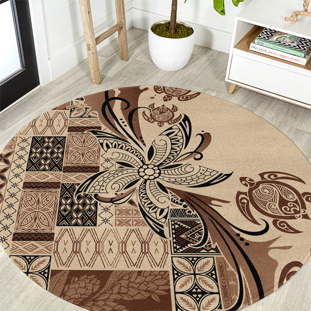 Talofa Samoa Mamanu Siapo Mix Malu Round Carpet Classic Beige Frangipani and Turtles