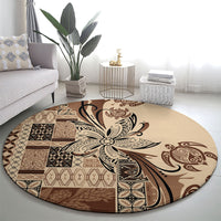 Talofa Samoa Mamanu Siapo Mix Malu Round Carpet Classic Beige Frangipani and Turtles