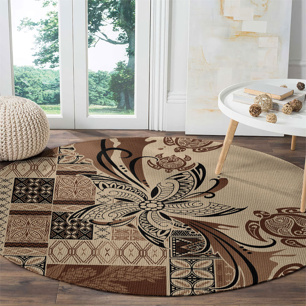 Talofa Samoa Mamanu Siapo Mix Malu Round Carpet Classic Beige Frangipani and Turtles