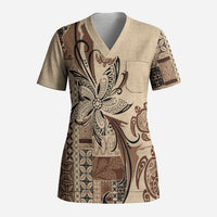 Talofa Samoa Mamanu Siapo Mix Malu Scrub Top Classic Beige Frangipani and Turtles