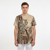 Talofa Samoa Mamanu Siapo Mix Malu Scrub Top Classic Beige Frangipani and Turtles