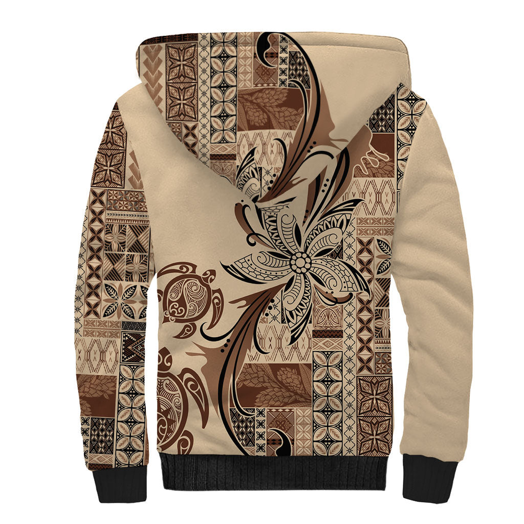 Talofa Samoa Mamanu Siapo Mix Malu Sherpa Hoodie Classic Beige Frangipani and Turtles