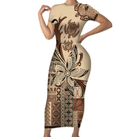 Talofa Samoa Mamanu Siapo Mix Malu Short Sleeve Bodycon Dress Classic Beige Frangipani and Turtles