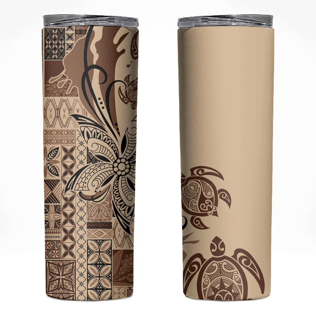Talofa Samoa Mamanu Siapo Mix Malu Skinny Tumbler Classic Beige Frangipani and Turtles