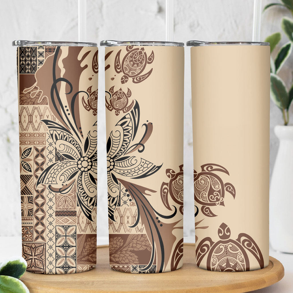 Talofa Samoa Mamanu Siapo Mix Malu Skinny Tumbler Classic Beige Frangipani and Turtles