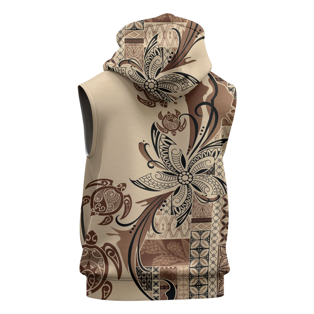 Talofa Samoa Mamanu Siapo Mix Malu Sleeveless Hoodie Classic Beige Frangipani and Turtles