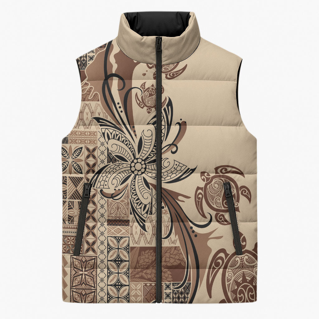 Talofa Samoa Mamanu Siapo Mix Malu Sleeveless Puffer Jacket Classic Beige Frangipani and Turtles