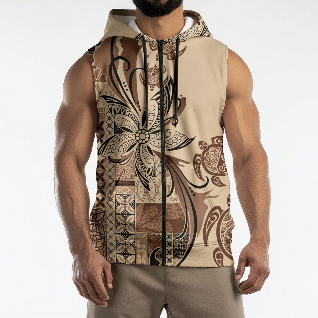 Talofa Samoa Mamanu Siapo Mix Malu Sleeveless Zip Hoodie Classic Beige Frangipani and Turtles