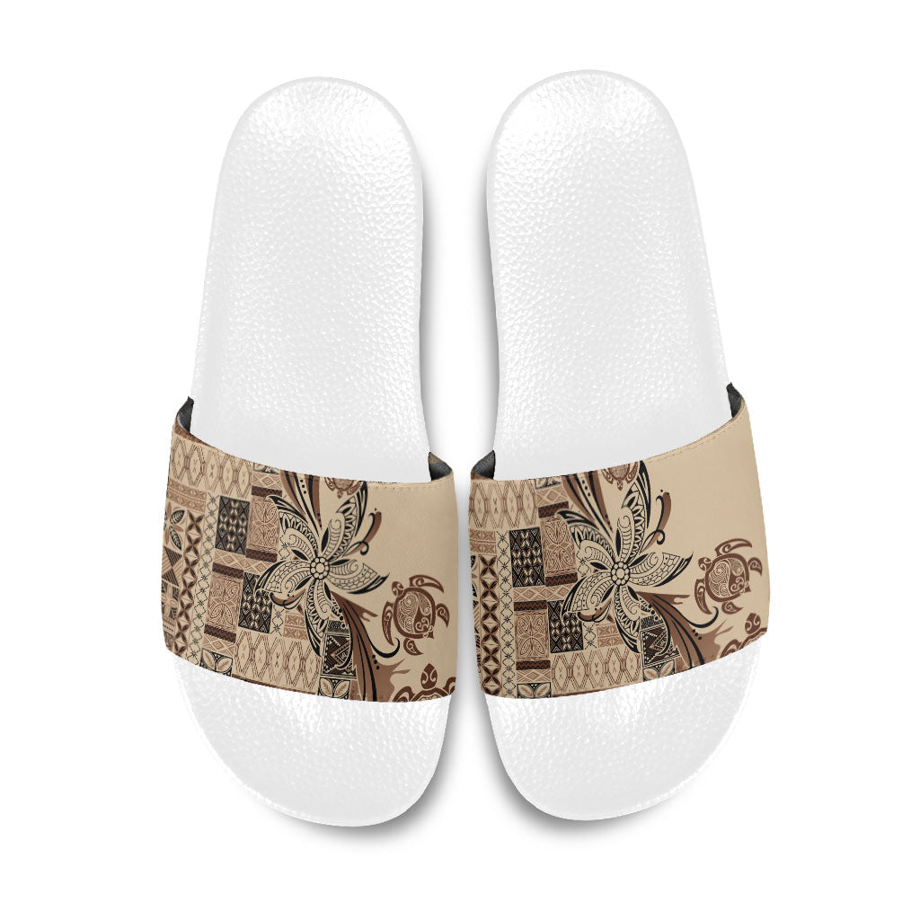 Talofa Samoa Mamanu Siapo Mix Malu Slide Sandals Classic Beige Frangipani and Turtles