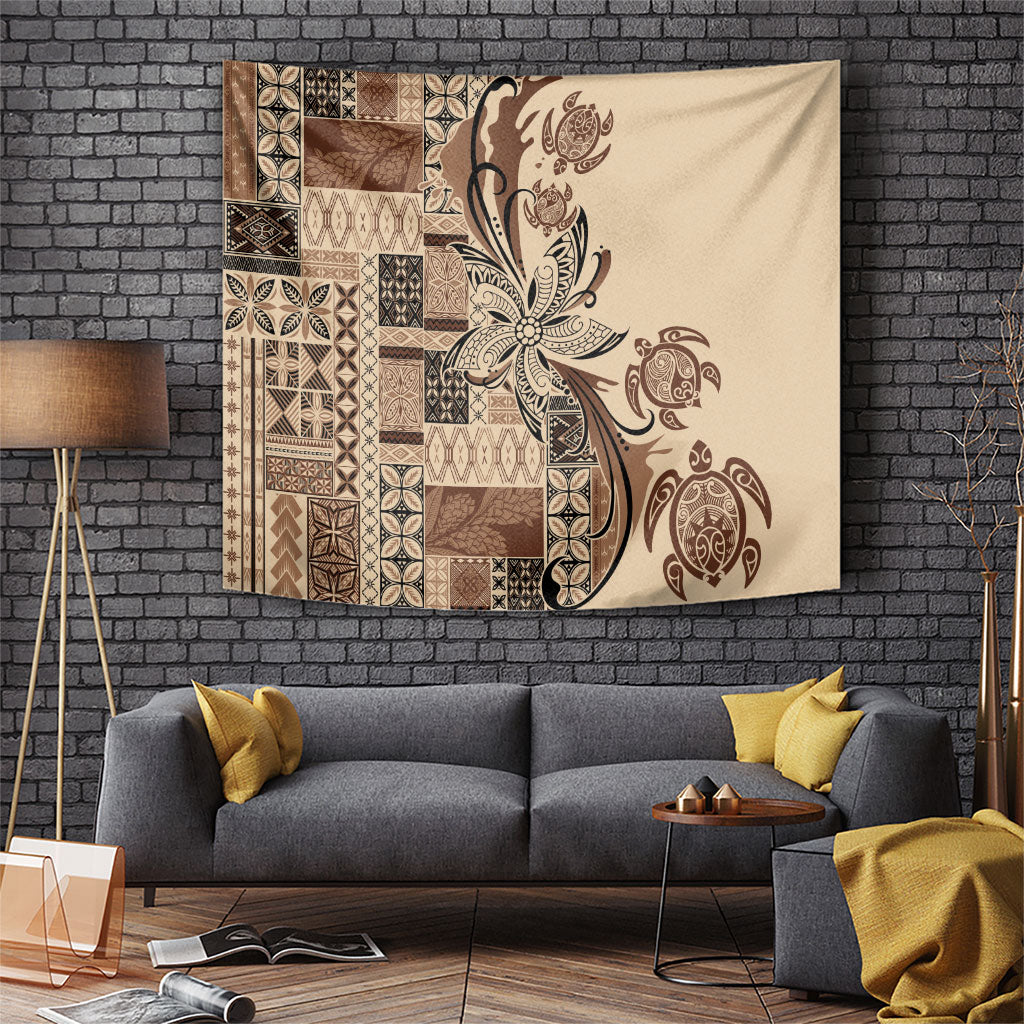 Talofa Samoa Mamanu Siapo Mix Malu Tapestry Classic Beige Frangipani and Turtles