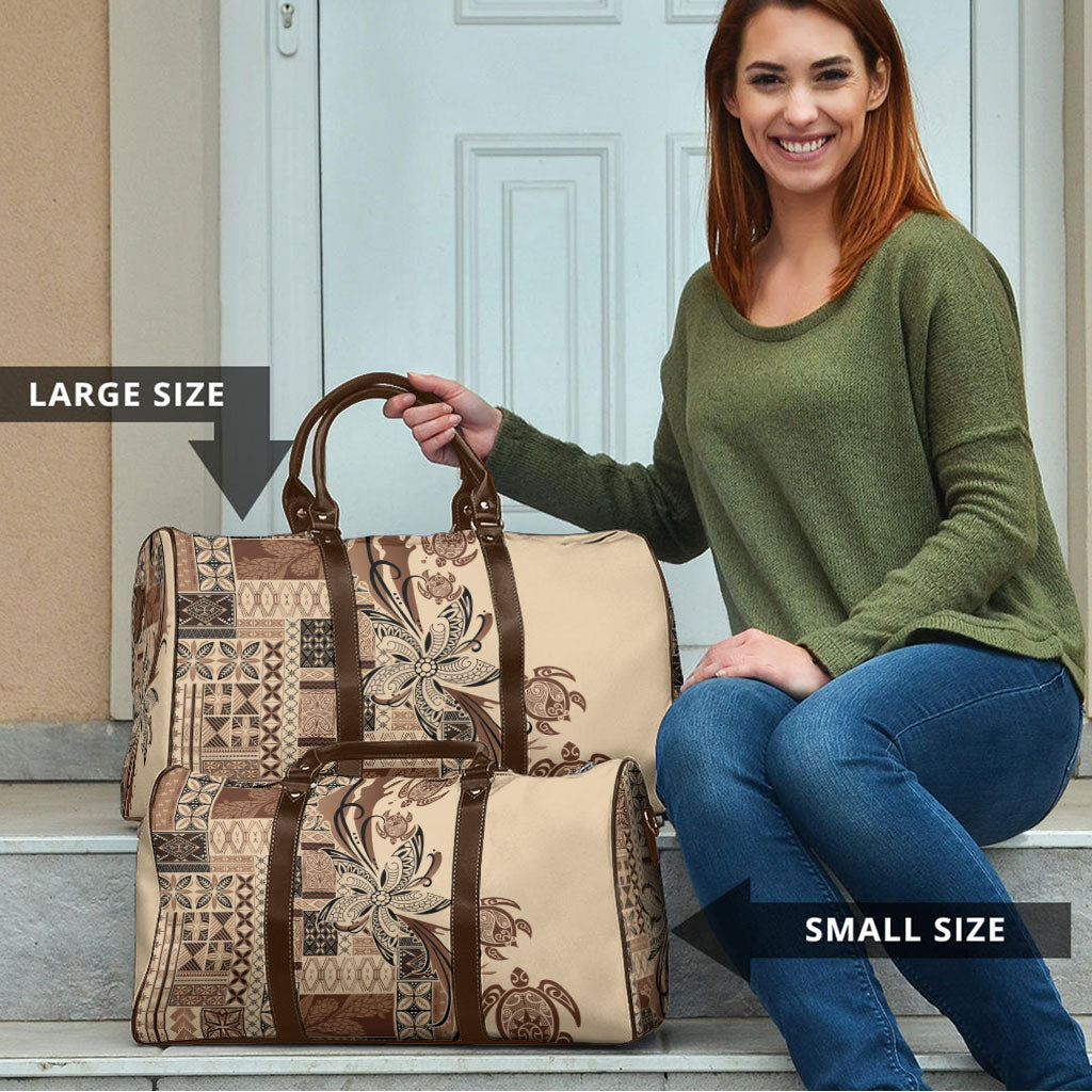 Talofa Samoa Mamanu Siapo Mix Malu Travel Bag Classic Beige Frangipani and Turtles
