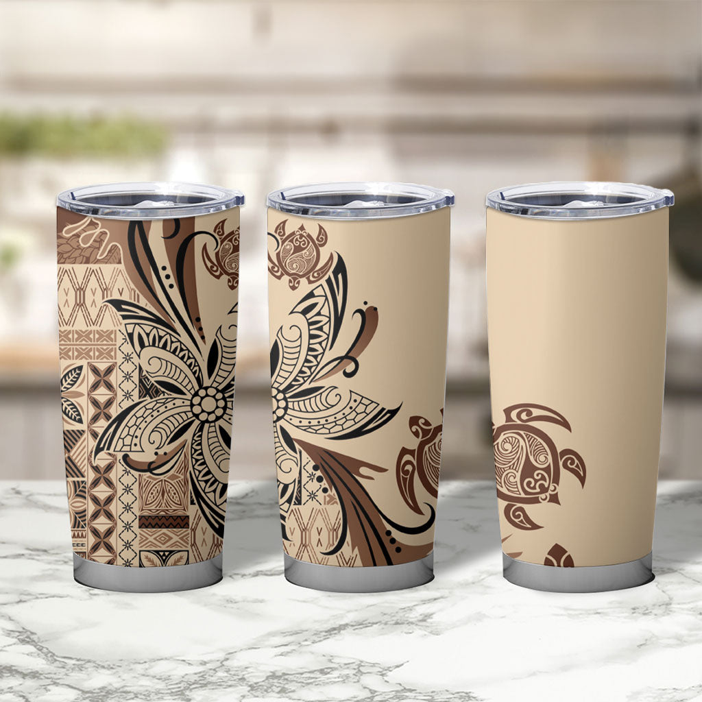 Talofa Samoa Mamanu Siapo Mix Malu Tumbler Cup Classic Beige Frangipani and Turtles