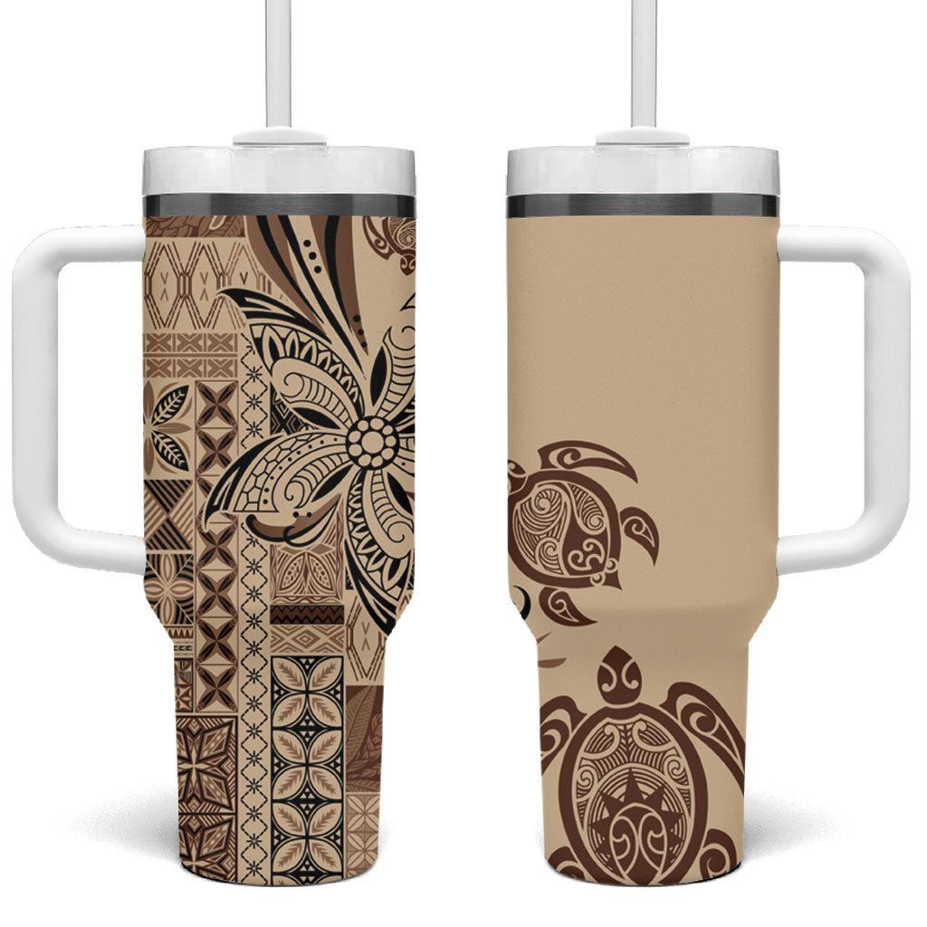 Talofa Samoa Mamanu Siapo Mix Malu Tumbler With Handle Classic Beige Frangipani and Turtles