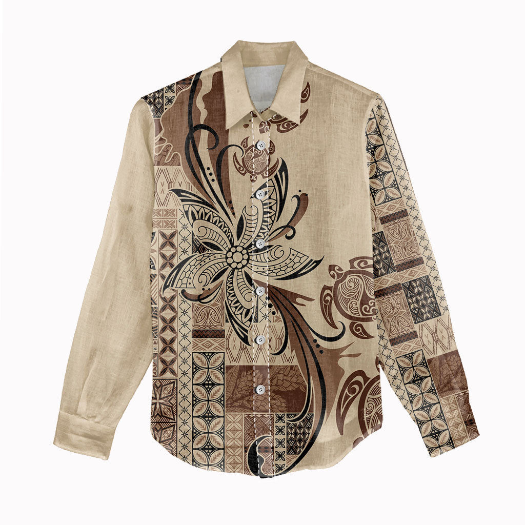 Talofa Samoa Mamanu Siapo Mix Malu Women Casual Shirt Classic Beige Frangipani and Turtles