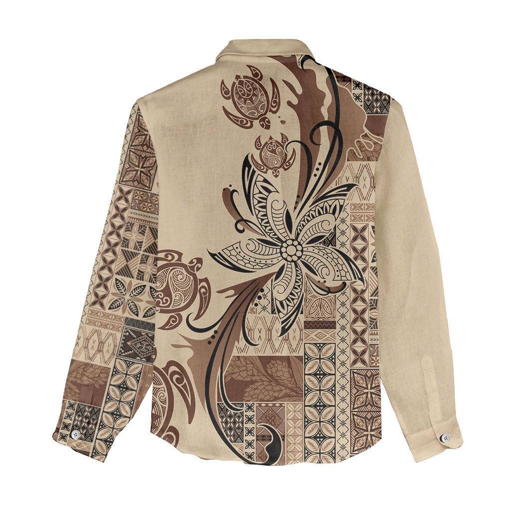 Talofa Samoa Mamanu Siapo Mix Malu Women Casual Shirt Classic Beige Frangipani and Turtles