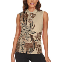 Talofa Samoa Mamanu Siapo Mix Malu Women Sleeveless Polo Shirt Classic Beige Frangipani and Turtles