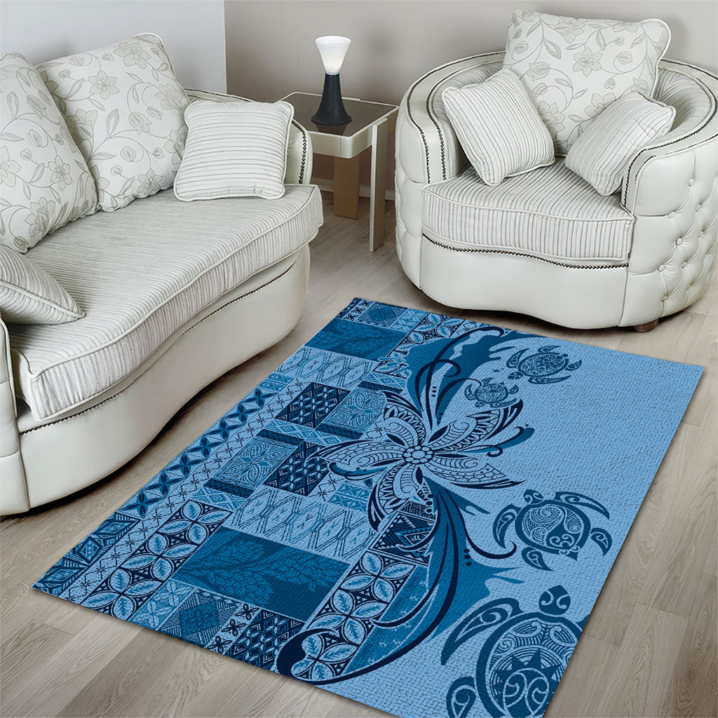 Talofa Samoa Mamanu Siapo Mix Malu Area Rug Cool Blue Frangipani and Turtles