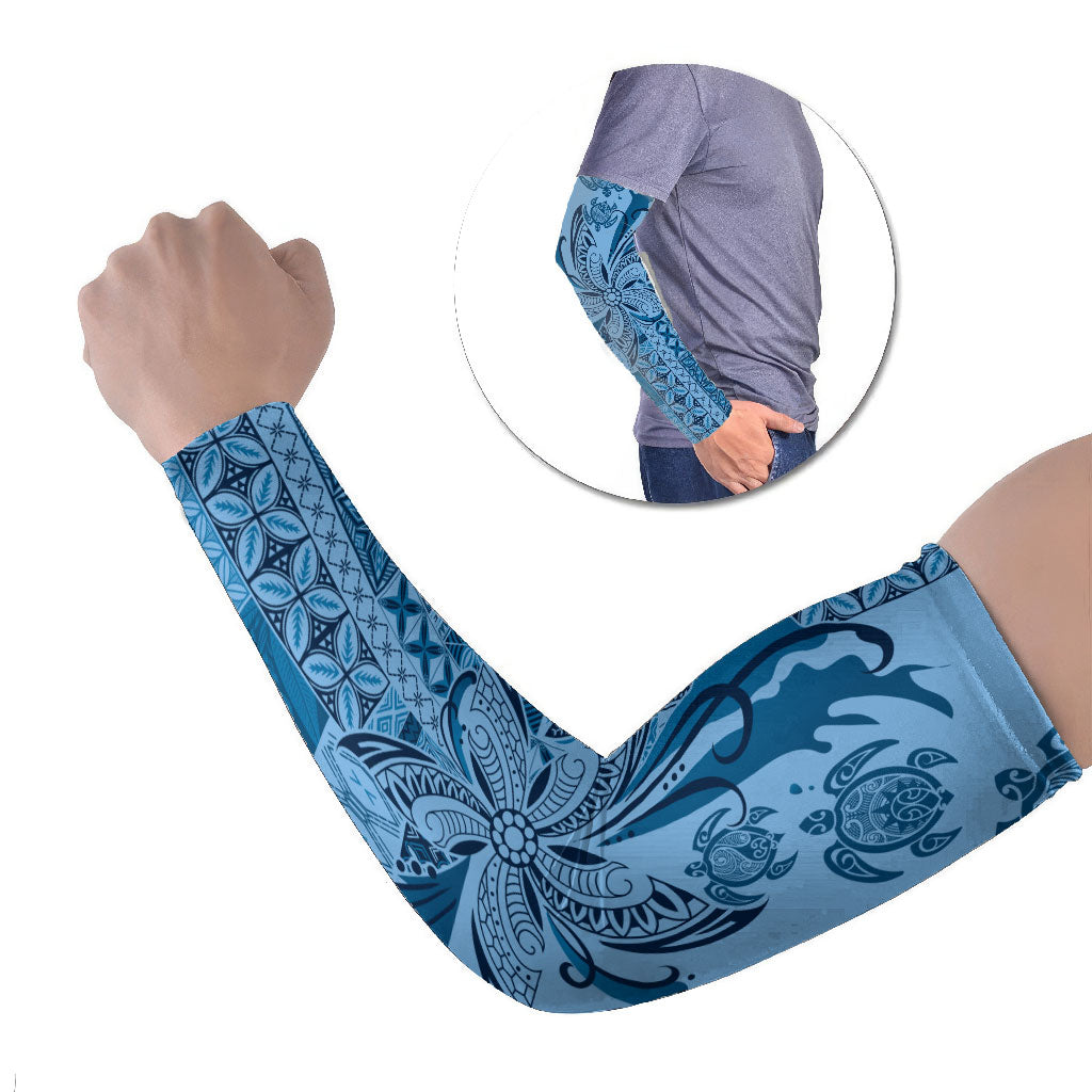 Talofa Samoa Mamanu Siapo Mix Malu Arm Sleeves Cool Blue Frangipani and Turtles