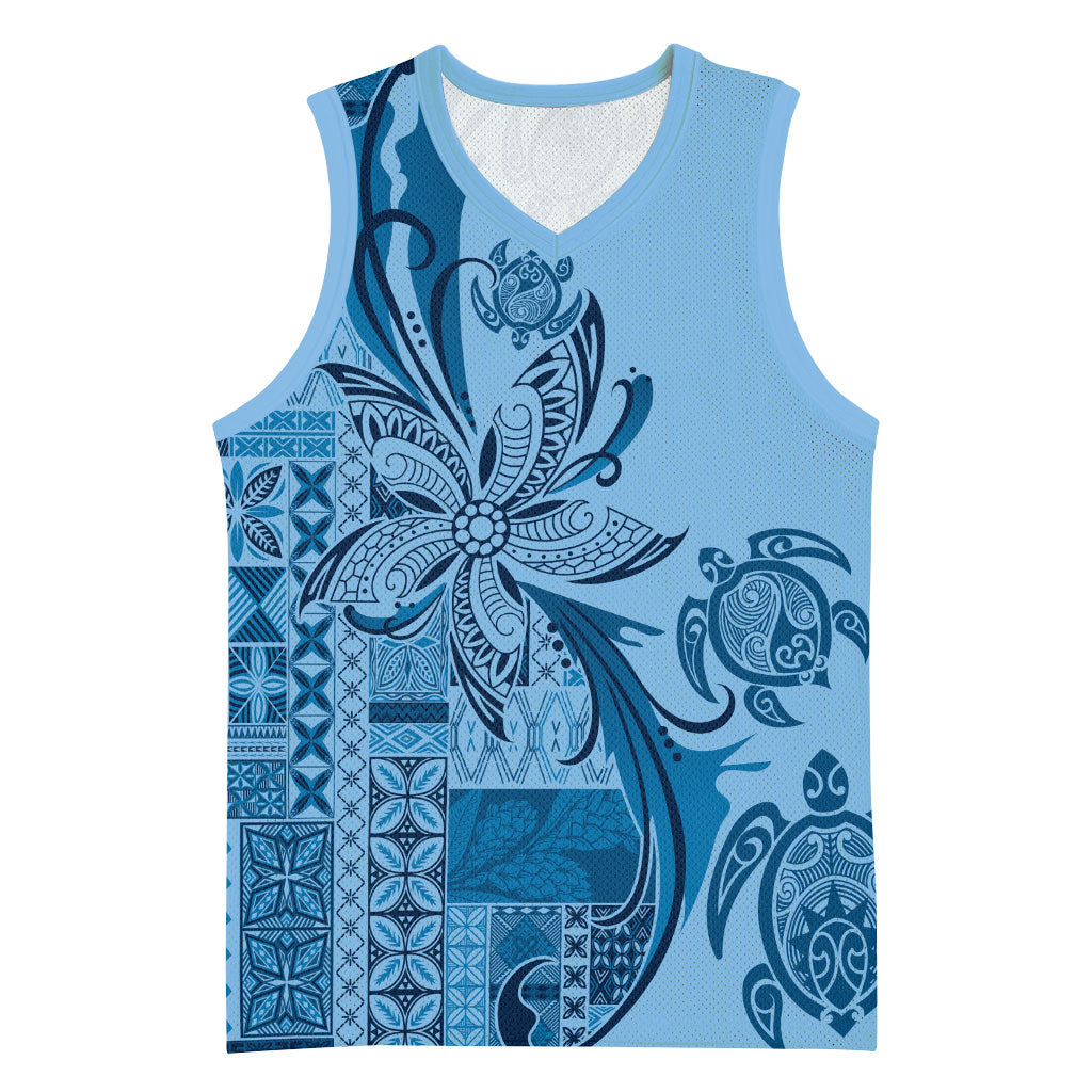 Talofa Samoa Mamanu Siapo Mix Malu Basketball Jersey Cool Blue Frangipani and Turtles