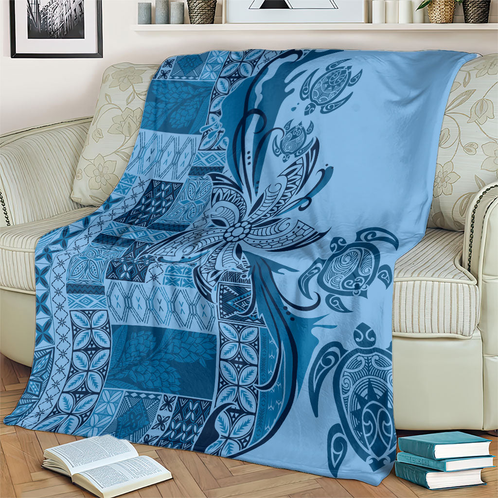 Talofa Samoa Mamanu Siapo Mix Malu Blanket Cool Blue Frangipani and Turtles