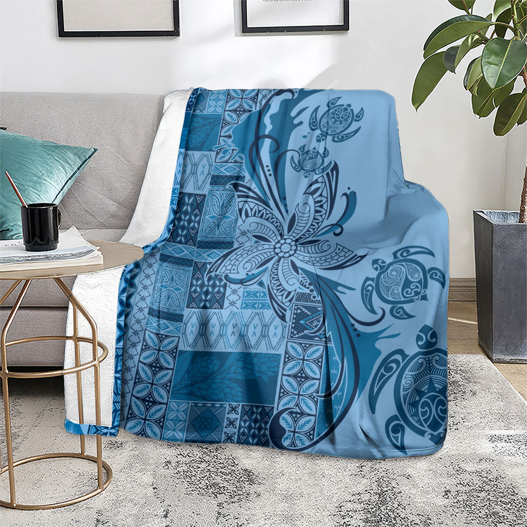 Talofa Samoa Mamanu Siapo Mix Malu Blanket Cool Blue Frangipani and Turtles