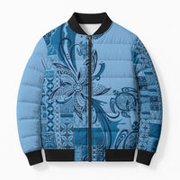 Talofa Samoa Mamanu Siapo Mix Malu Bomber Puffer Jacket Cool Blue Frangipani and Turtles