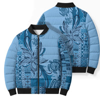 Talofa Samoa Mamanu Siapo Mix Malu Bomber Puffer Jacket Cool Blue Frangipani and Turtles