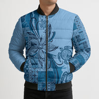 Talofa Samoa Mamanu Siapo Mix Malu Bomber Puffer Jacket Cool Blue Frangipani and Turtles