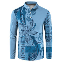 Talofa Samoa Mamanu Siapo Mix Malu Button Sweatshirt Cool Blue Frangipani and Turtles