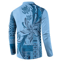 Talofa Samoa Mamanu Siapo Mix Malu Button Sweatshirt Cool Blue Frangipani and Turtles