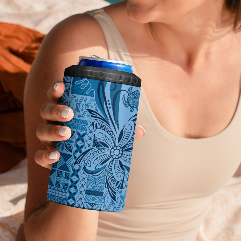 Talofa Samoa Mamanu Siapo Mix Malu 4 in 1 Can Cooler Tumbler Cool Blue Frangipani and Turtles