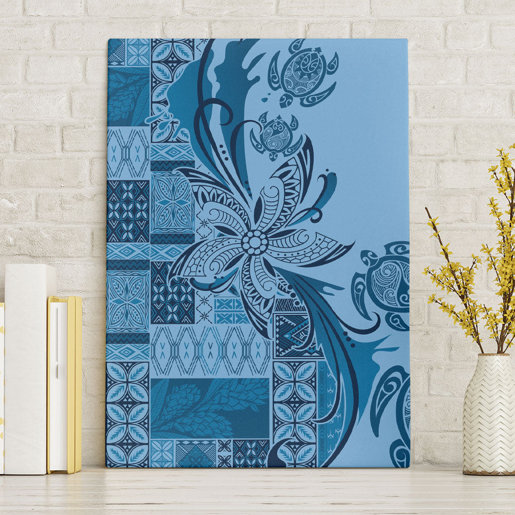 Talofa Samoa Mamanu Siapo Mix Malu Canvas Wall Art Cool Blue Frangipani and Turtles