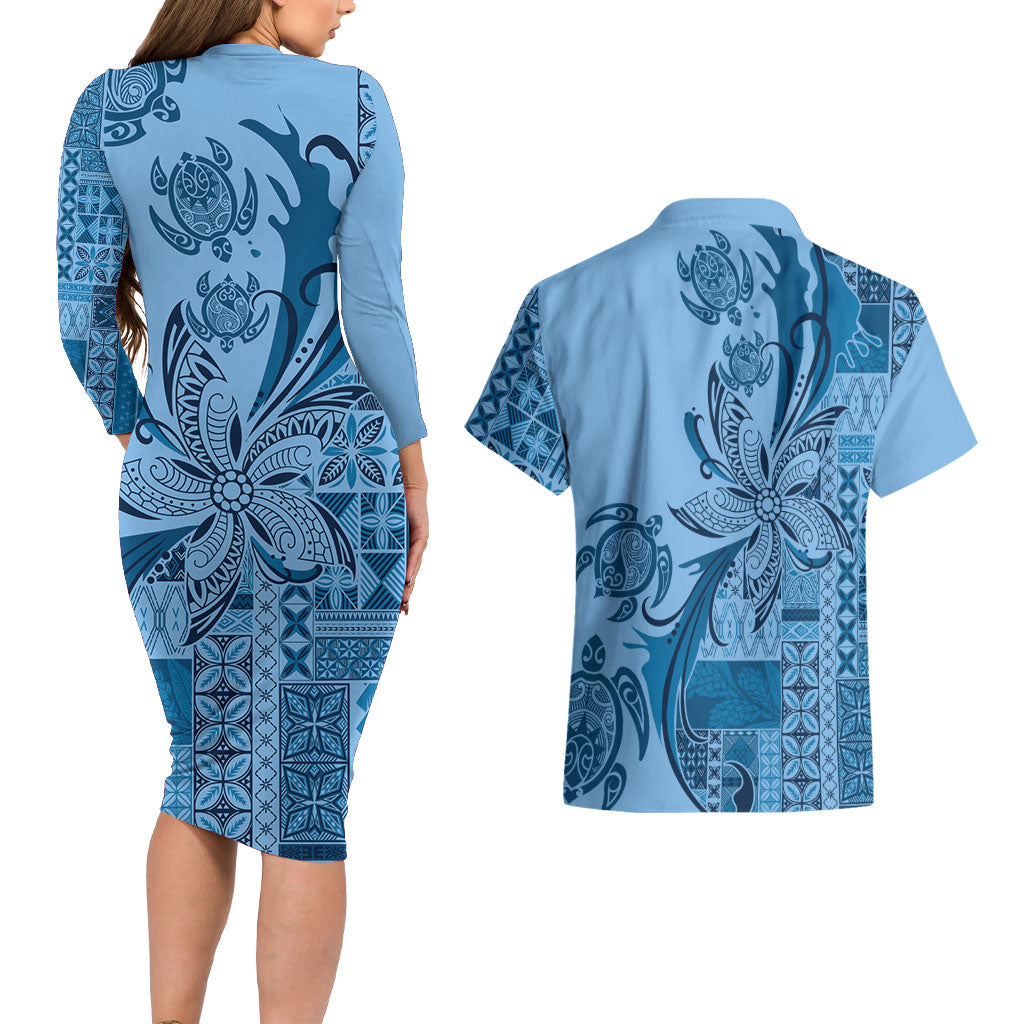 Talofa Samoa Mamanu Siapo Mix Malu Couples Matching Long Sleeve Bodycon Dress and Hawaiian Shirt Cool Blue Frangipani and Turtles