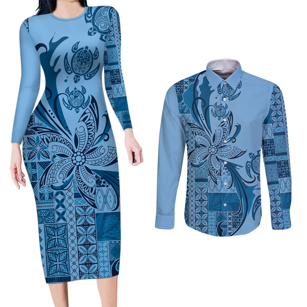 Talofa Samoa Mamanu Siapo Mix Malu Couples Matching Long Sleeve Bodycon Dress and Long Sleeve Button Shirt Cool Blue Frangipani and Turtles