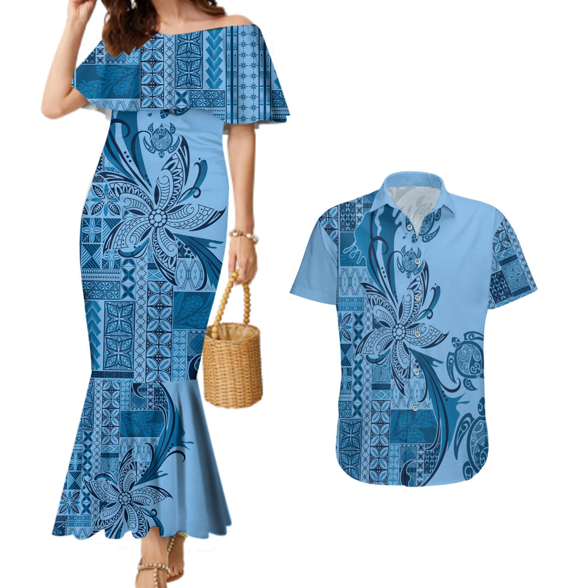 Talofa Samoa Mamanu Siapo Mix Malu Couples Matching Mermaid Dress and Hawaiian Shirt Cool Blue Frangipani and Turtles