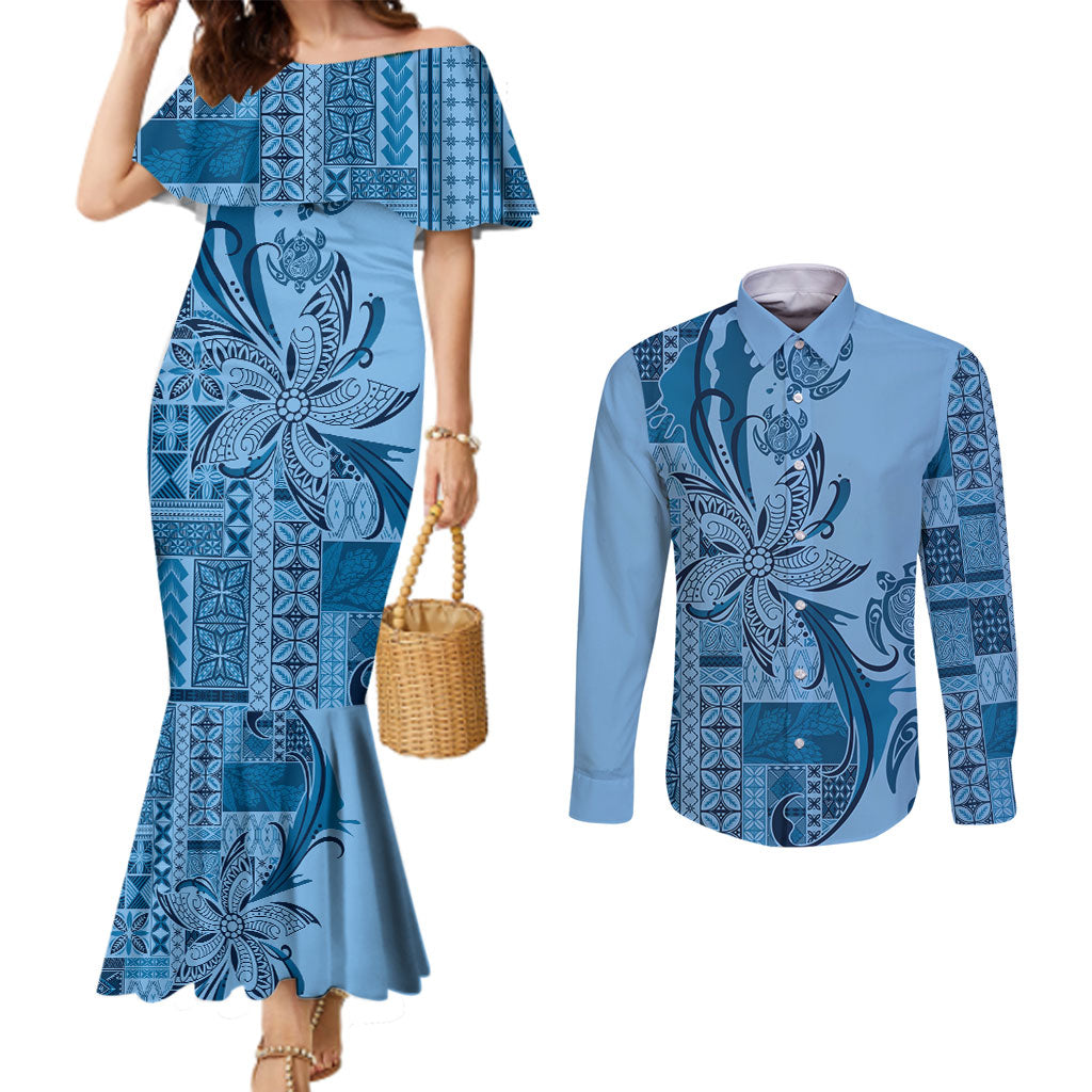 Talofa Samoa Mamanu Siapo Mix Malu Couples Matching Mermaid Dress and Long Sleeve Button Shirt Cool Blue Frangipani and Turtles