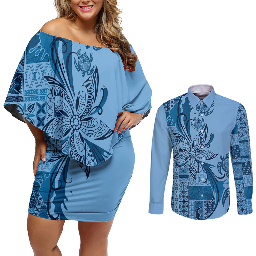 Talofa Samoa Mamanu Siapo Mix Malu Couples Matching Off Shoulder Short Dress and Long Sleeve Button Shirt Cool Blue Frangipani and Turtles