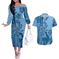 Talofa Samoa Mamanu Siapo Mix Malu Couples Matching Off The Shoulder Long Sleeve Dress and Hawaiian Shirt Cool Blue Frangipani and Turtles