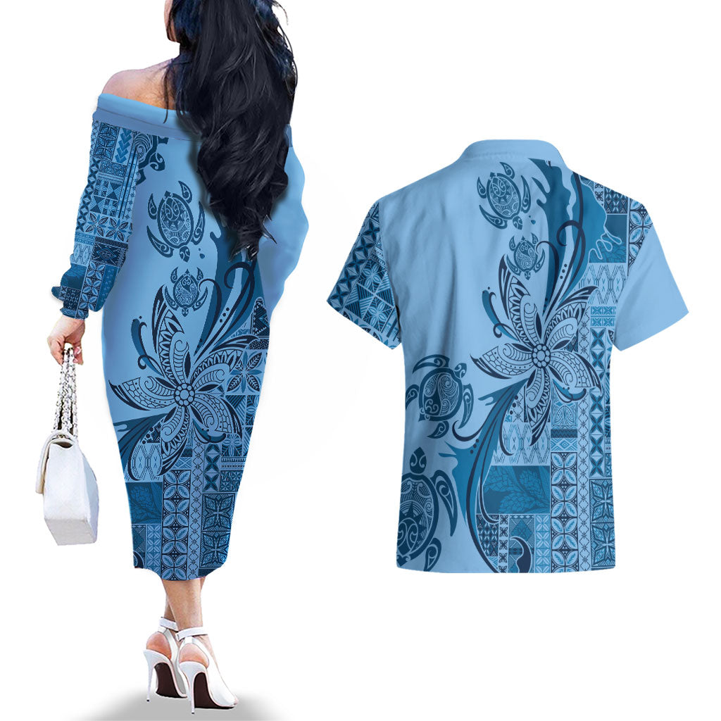 Talofa Samoa Mamanu Siapo Mix Malu Couples Matching Off The Shoulder Long Sleeve Dress and Hawaiian Shirt Cool Blue Frangipani and Turtles