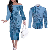 Talofa Samoa Mamanu Siapo Mix Malu Couples Matching Off The Shoulder Long Sleeve Dress and Long Sleeve Button Shirt Cool Blue Frangipani and Turtles