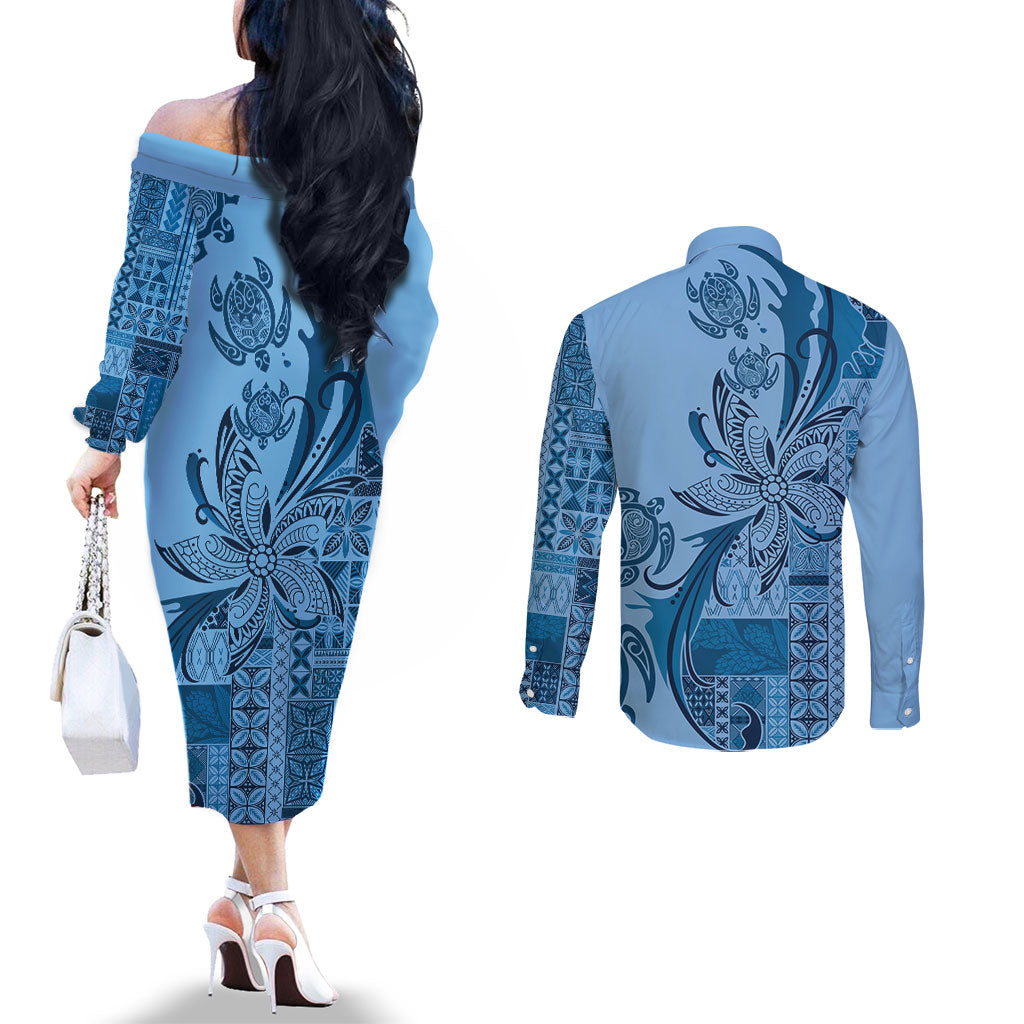 Talofa Samoa Mamanu Siapo Mix Malu Couples Matching Off The Shoulder Long Sleeve Dress and Long Sleeve Button Shirt Cool Blue Frangipani and Turtles