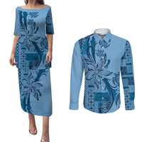 Talofa Samoa Mamanu Siapo Mix Malu Couples Matching Puletasi and Long Sleeve Button Shirt Cool Blue Frangipani and Turtles