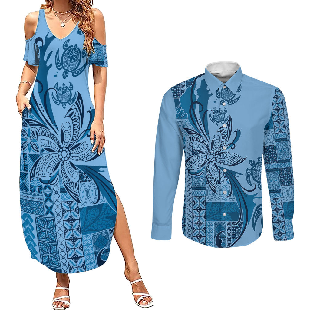 Talofa Samoa Mamanu Siapo Mix Malu Couples Matching Summer Maxi Dress and Long Sleeve Button Shirt Cool Blue Frangipani and Turtles